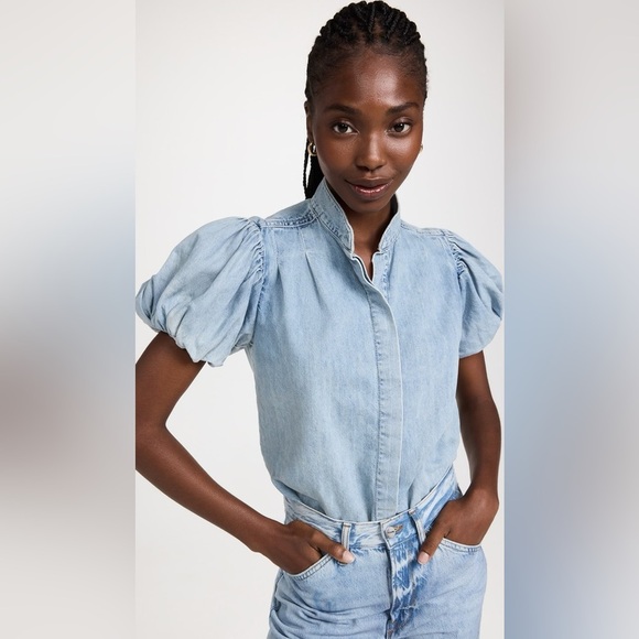 FRAME  Pleated Puff Sleeve Top in Cresthaven - Picture 10 of 11